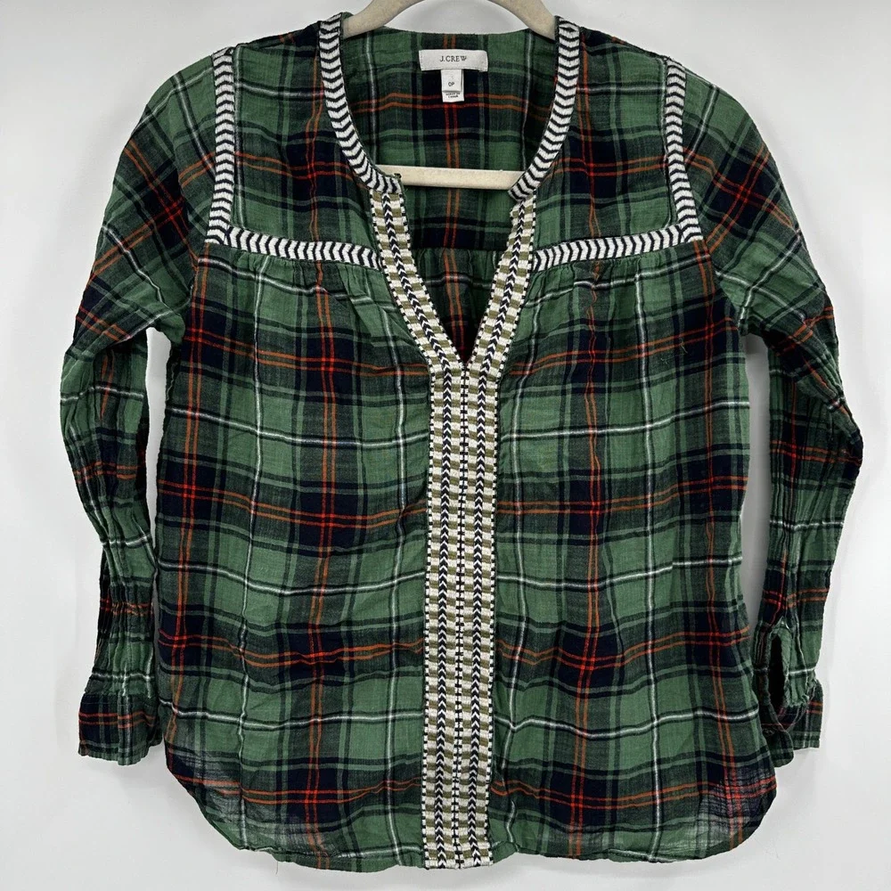 J Crew Womens Green Plaid Embroidered Cotton Gauze Split Neck Blouse‎ 0P Cottage